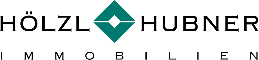 Das Bild zeigt das Logo der Firma "Hölzl Hubner Immobilien". Es besteht aus dem Firmennamen in schwarzer Schrift und einem grünen Diamant-Symbol dazwischen. Unter dem Namen steht "Immobilien" in kleinerer Schrift.