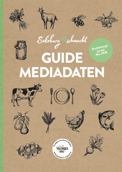 Das Bild zeigt einen Guide mit dem Titel "Guide Mediadaten" von "Sabine & Schmeck". Es enthält Illustrationen von Tieren, Pflanzen und kulinarischen Motiven, die auf einem braunen Hintergrund dargestellt sind.