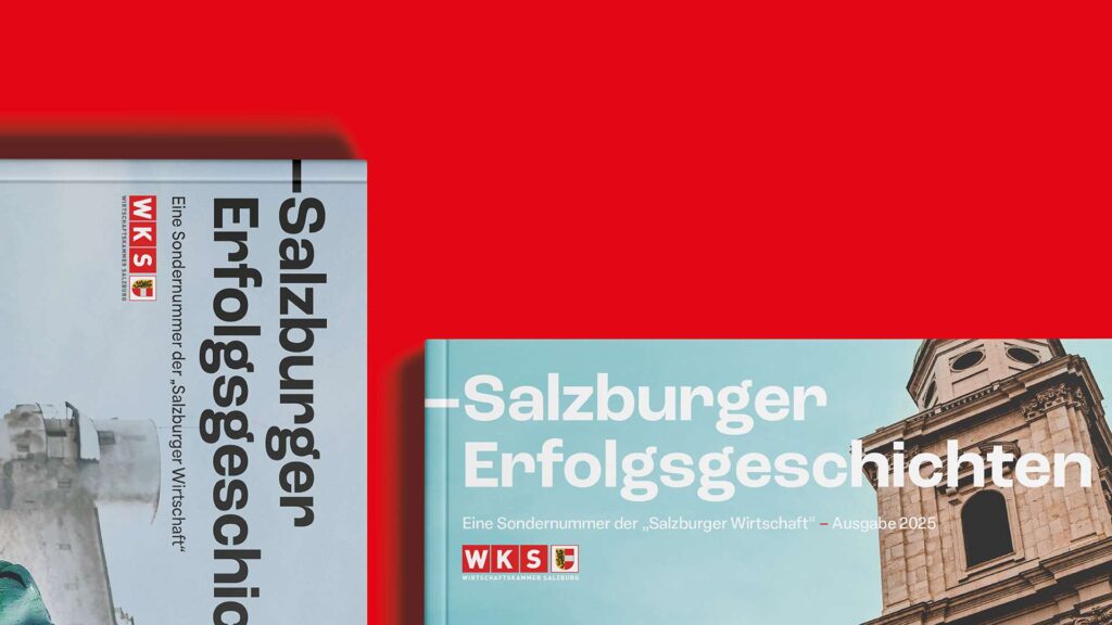 Das Bild zeigt zwei Bücher mit dem Titel "Salzburger Erfolgsgeschichten" auf rotem und blauem Hintergrund. Die Bücher haben ein modernes Design und zeigen auf dem Cover eine historische Architektur, vermutlich aus Salzburg.