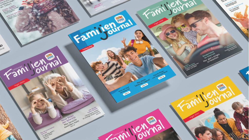 Das Bild zeigt eine Auswahl von Familienzeitschriften mit Titeln wie "Familien Journal" und "Familien Leben". Es sind verschiedene Ausgaben mit bunten Coverbildern zu sehen, die Familien, Paare und Kinder zeigen.