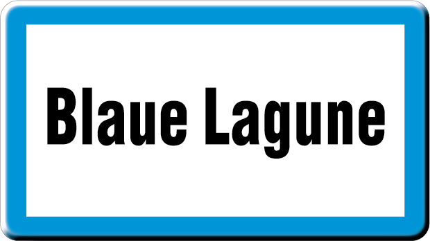 Blauer Kasten mit weißer Schrift, der den Namen "Blaue Lagune" in blauer Farbe anzeigt.