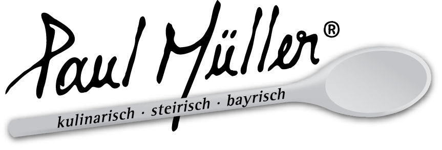 Logo von Paul Müller mit der Aufschrift "Paul Müller kulinarisch-steirisch-bayrisch" in einer geschwungenen Schrift. Daneben ein stilisiertes, weißes Blatt oder Blüte auf hellem Hintergrund.